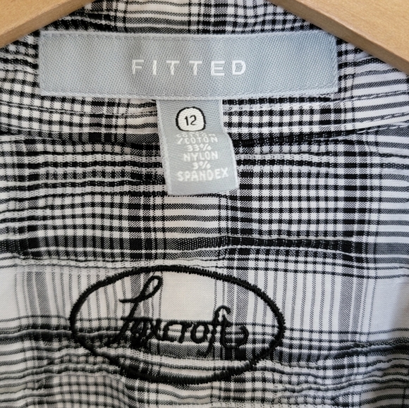 Foxcroft | Fitted Black White Textured Plaid Button Front Shirt Size 12 - Picture 3 of 6